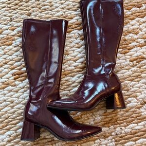 AEROSOLES Burgundy Patent Knee-High Block Heel Boots